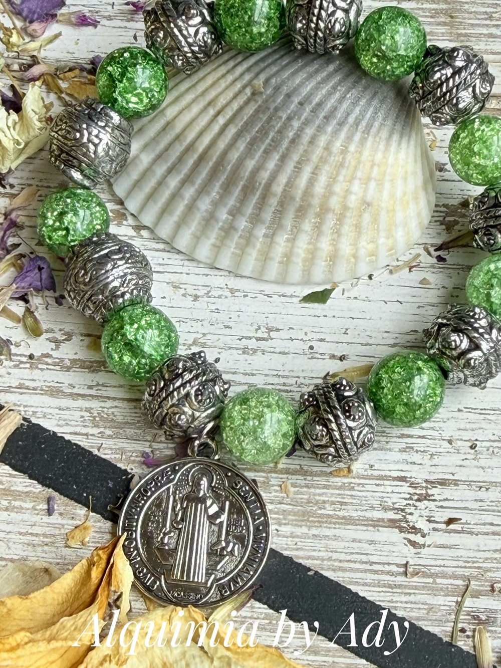 Lime Green Crackle quartz Bead Bracelet with Saint BENEDICT big Medal